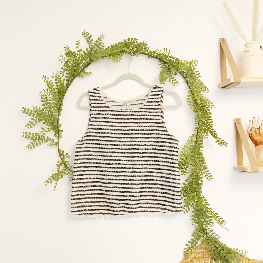 Green Envelope Navy Blue and White Striped Knit Sleeveless Cropped Top